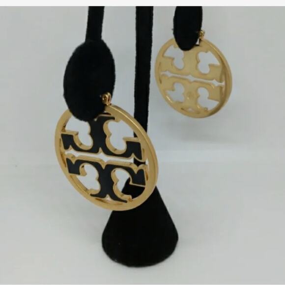 Tory Burch Gold and Black Enamel Logo Hoop Earrings NWT - Picture 2 of 8